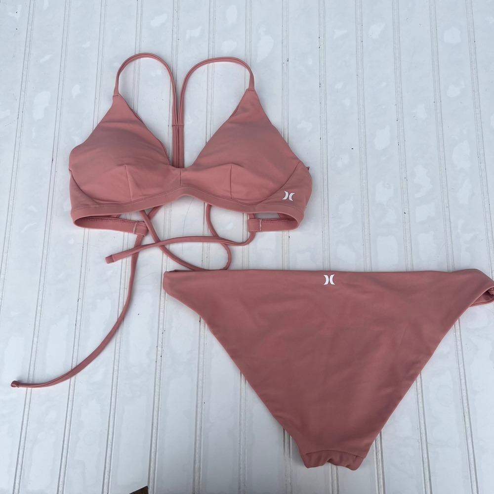 Hurley Womens Dusty Rose Wrap Triangle Bikini Set Pink L Top XL Bottom
